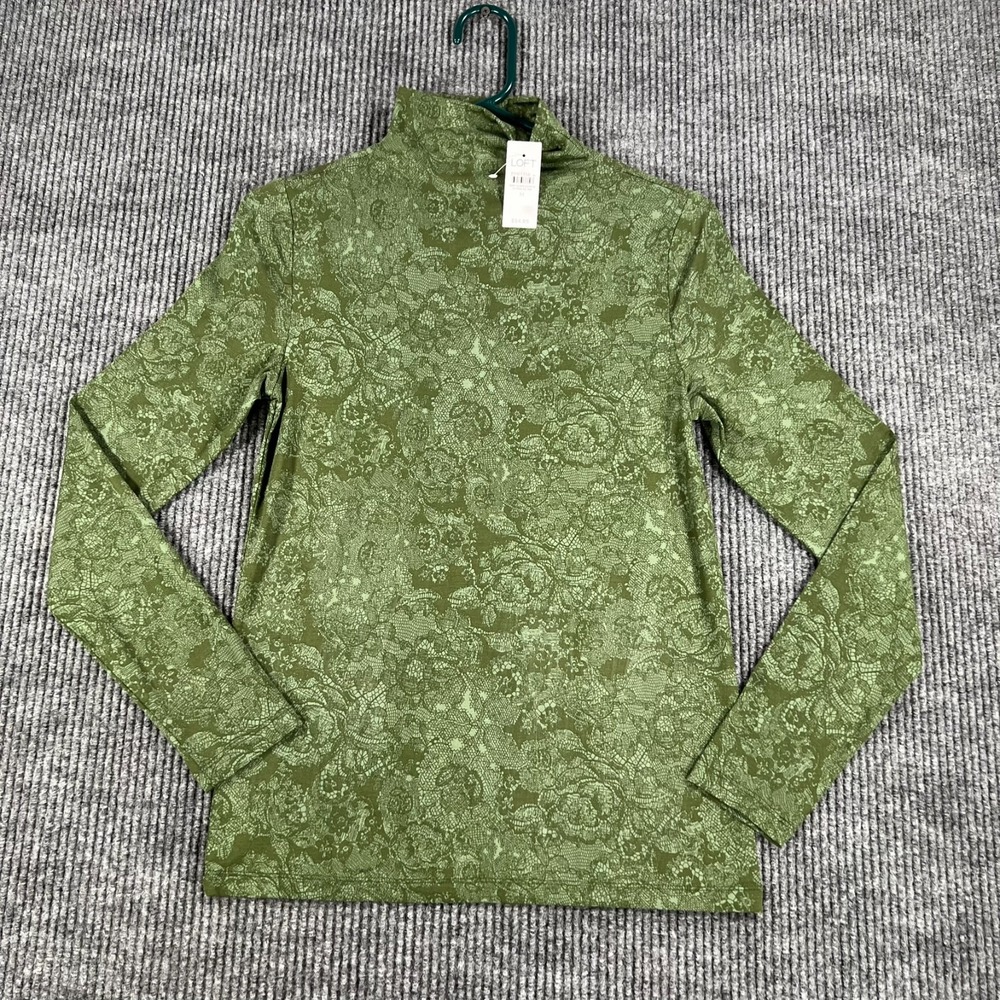 Loft Shirt Blouse Top Womens Medium Green High Neck Long Sleeve Lightweight New